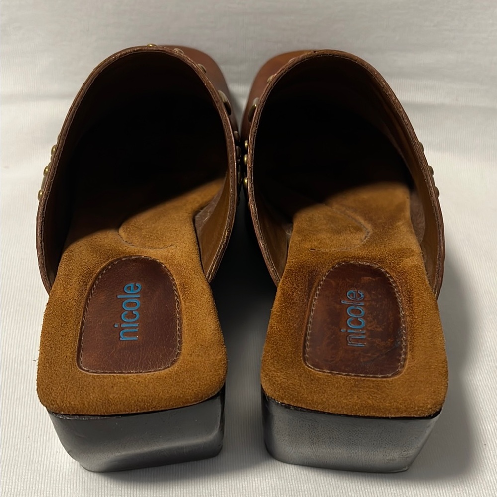 Nicole Sheila Brown Leather Wooden Clog Women's Size 8 Studded Boho Chunky Heel - Picture 3 of 15